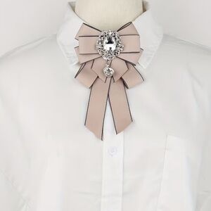 Apricot Rhinestone Bow Tie Brooch Elegant Ribbon Statement Collar Accessory